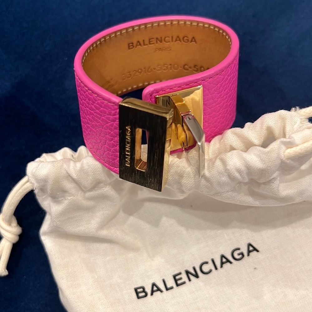 Balenciaga magenta cuff with gold and silver plated hardware